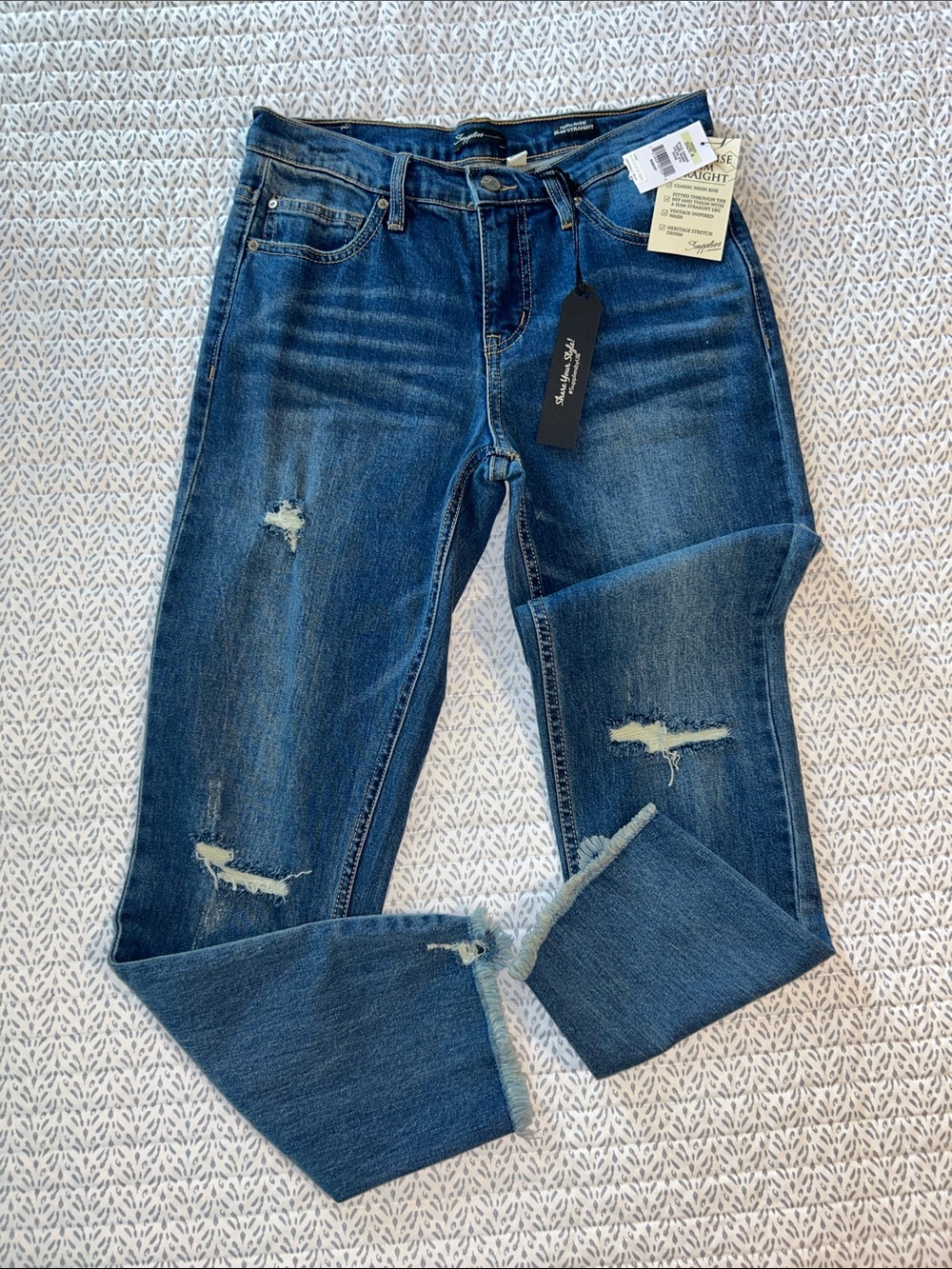 Distressed Medium Blue Straight Leg Jeans